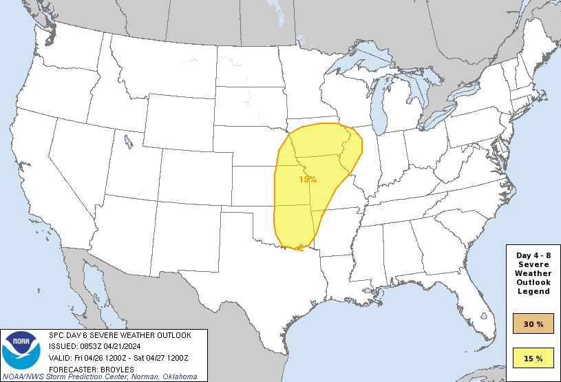 Day 6 Severe Weather Outlook Graphics Issued on Apr 21, 2024