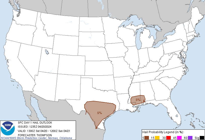 20240420 1300 UTC Day 1 Large Hail Probabilities Graphic