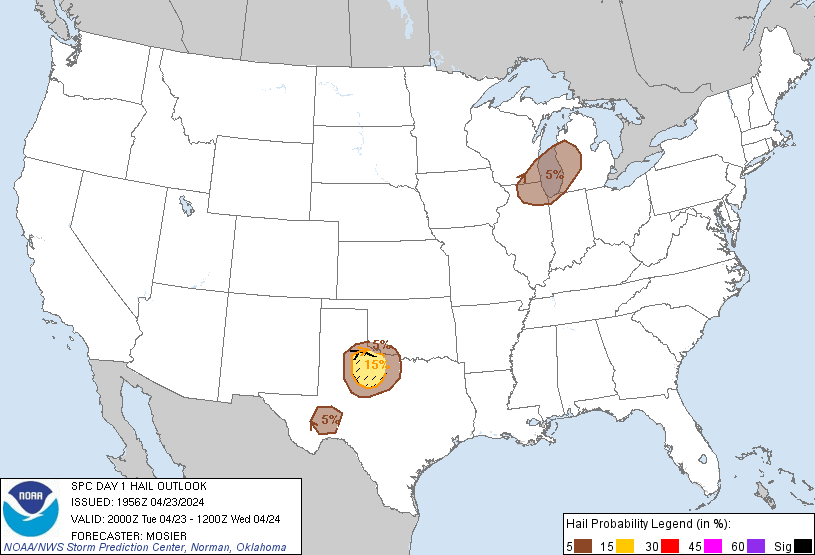 20240423 2000 UTC Day 1 Large Hail Probabilities Graphic