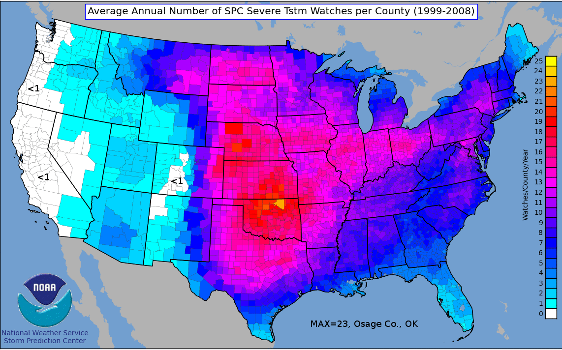 Average Number of Annual Tornado Watches in the Continental U.S. by