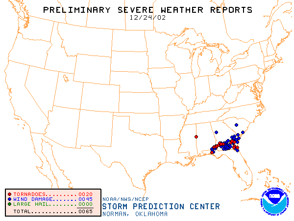 Map of yesterday's severe weather reports