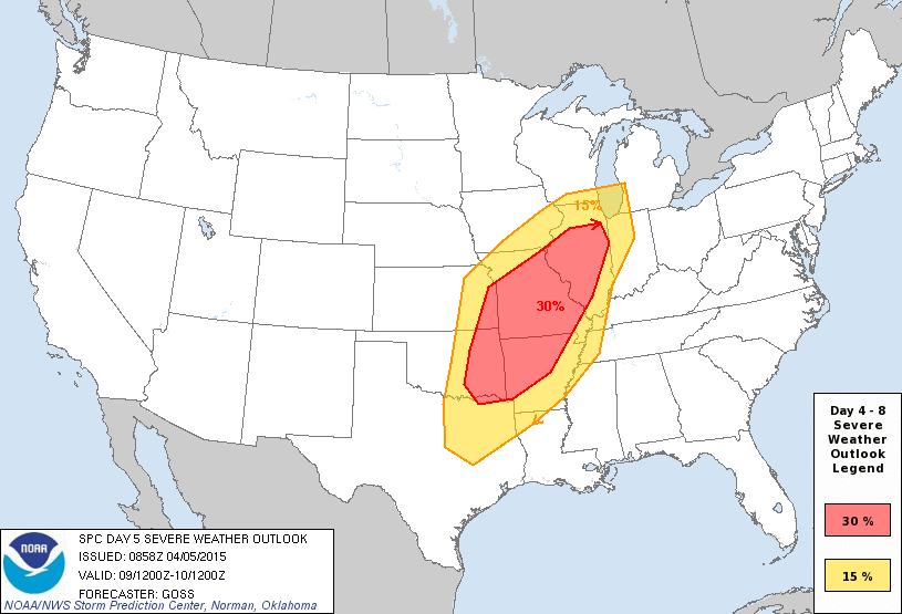 Day 5 Severe Weather Outlook Graphics Issued on Apr 5, 2015