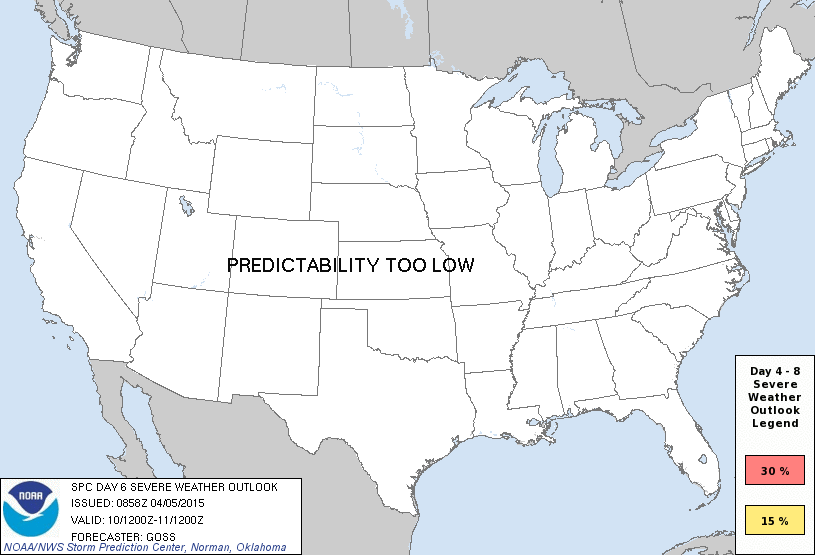 Day 6 Severe Weather Outlook Graphics Issued on Apr 5, 2015