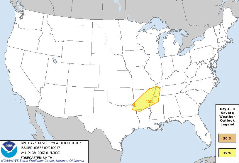 Day 5 Severe Weather Outlook Graphics Issued on Feb 24, 2017