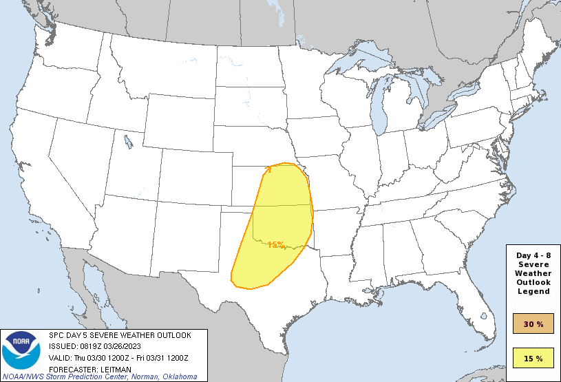 Day 5 Severe Weather Outlook Graphics Issued on Mar 26, 2023