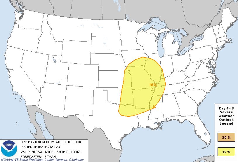 Day 6 Severe Weather Outlook Graphics Issued on Mar 26, 2023