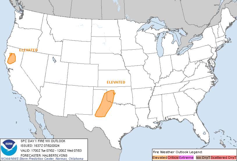 (Graphic) Map of Storm Prediction Center Fire Weather Outlook