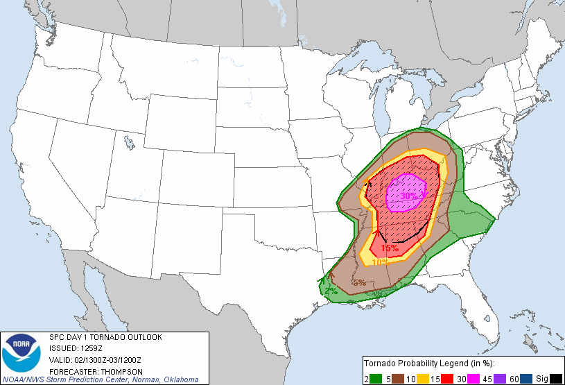 20120302 1300 UTC Day 1 Tornado Probabilities Graphic