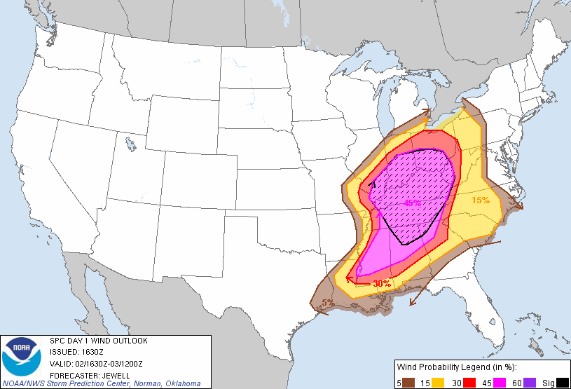 20120302 1630 UTC Day 1 Damaging Wind Probabilities Graphic