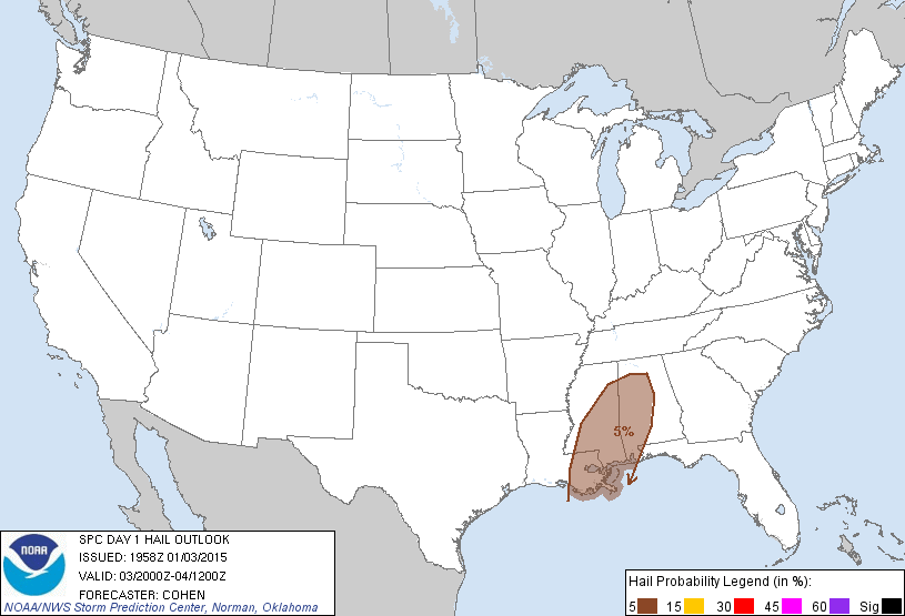 20150103 2000 UTC Day 1 Large Hail Probabilities Graphic