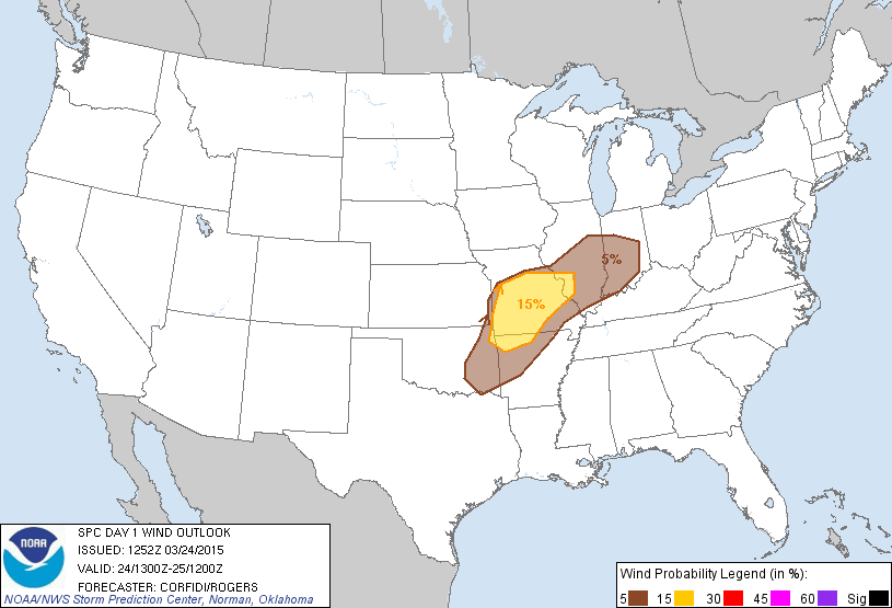 20150324 1300 UTC Day 1 Damaging Wind Probabilities Graphic