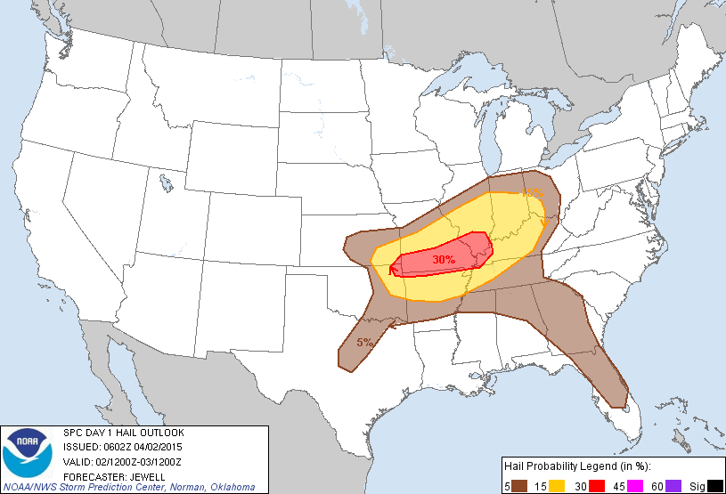 20150402 1200 UTC Day 1 Large Hail Probabilities Graphic