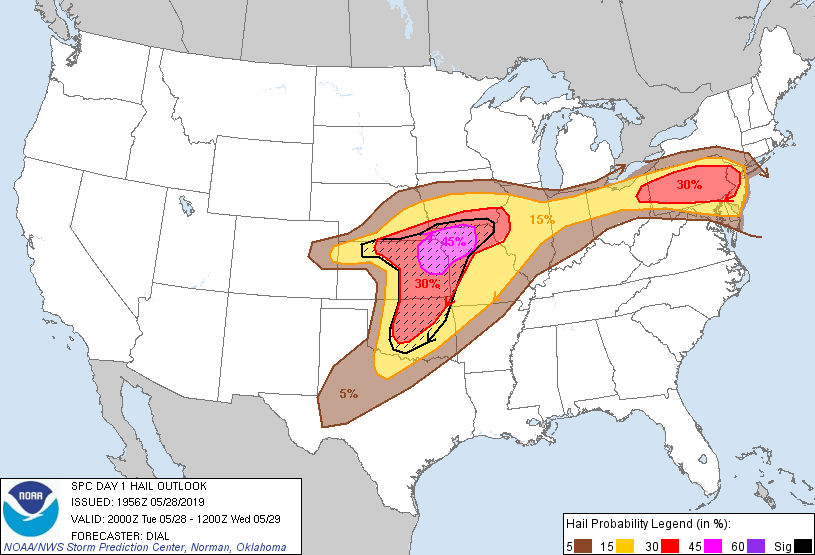 20190528 2000 UTC Day 1 Large Hail Probabilities Graphic