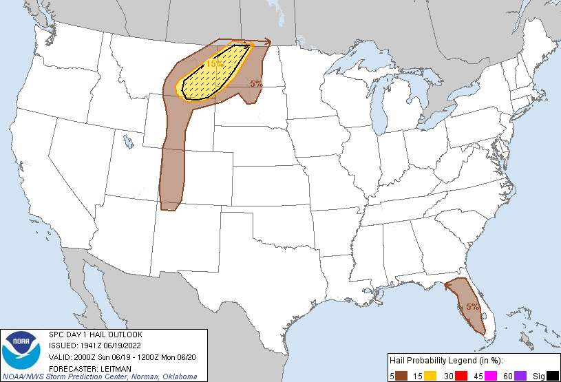 20220619 2000 UTC Day 1 Large Hail Probabilities Graphic