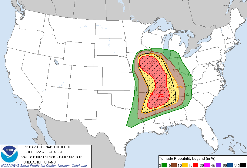 20230331 1300 UTC Day 1 Tornado Probabilities Graphic