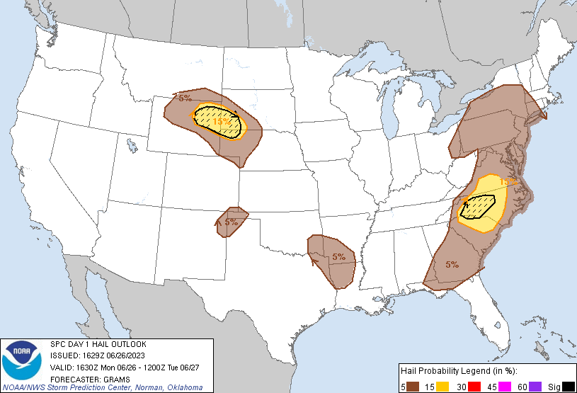 20230626 1630 UTC Day 1 Large Hail Probabilities Graphic