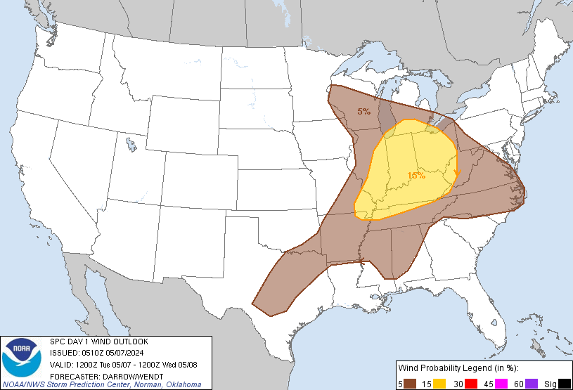 20240507 1200 UTC Day 1 Damaging Wind Probabilities Graphic