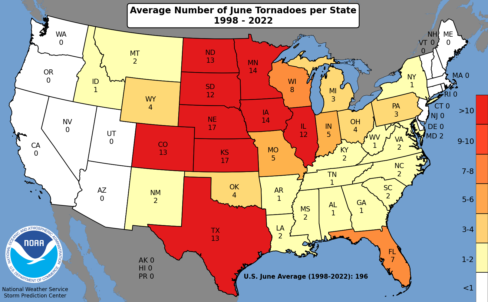 SPC Average Number of Tornadoes per State by Month